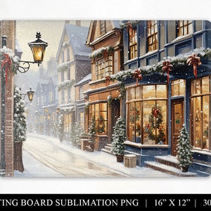 Pu&ograve; includere: Una scena invernale innevata con una strada fiancheggiata da edifici in mattoni decorati con luci di Natale e ghirlande. Gli edifici hanno grandi finestre e sono illuminati all'interno. C'&egrave; un lampione in primo piano e neve che cade nell'aria.