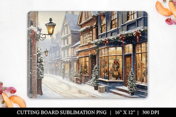 Christmas Cutting Board PNG: Winter Village Scene (Digital Download)