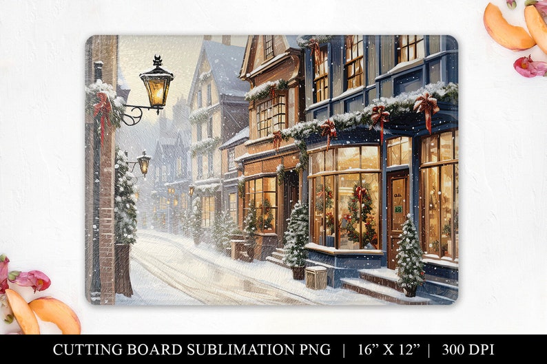 Pu&ograve; includere: Una scena invernale innevata con una strada fiancheggiata da edifici in mattoni decorati con luci di Natale e ghirlande. Gli edifici hanno grandi finestre e sono illuminati all'interno. C'&egrave; un lampione in primo piano e neve che cade nell'aria.