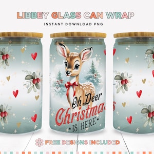 Retro Christmas Libbey Glass Sublimation PNG, Vintage Christmas Lights, 16oz Deer Libbey Glass Can Design, Oh Deer Digital Download