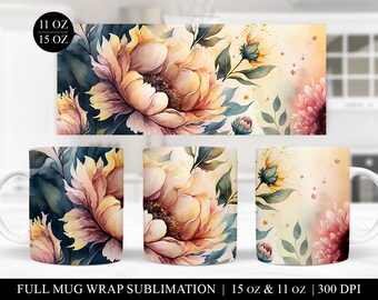 Floral Mug Sublimation Wrap: 11oz 15oz Coffee Mug Design (Digital Download)