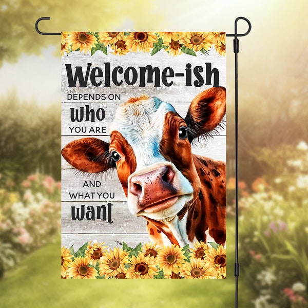 Cow Garden Flag Sublimation Design, Funny Cow & Sunflower Welcomish Digital Design PNG, Commercial Use Friendly