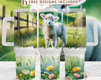 Lamb 40oz Tumbler Sublimation Design, Sheep Meadow Artwork (PNG)