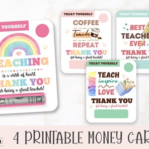 Lot de cartes de vœux pour enseignants imprimables arc-en-ciel, porte-cartes cadeau pour enseignants à imprimer puis découper, cartes de vœux pour enseignants mignonnes de remerciement pour enseignants