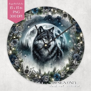Puede incluir: Reloj de pared redondo con un lobo frente a una luna llena en un bosque. La esfera del reloj mide 38 x 38 cm e incluye un borde floral y de follaje con el texto "DESIGN ONLY clock not included."