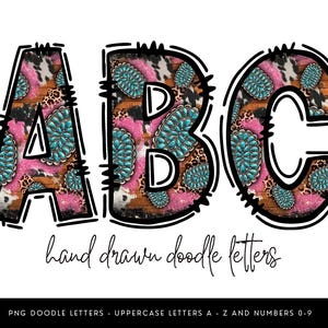 Lettres Western Doodle Turquoise rose, vache impression Alphabet PNG, police de paillettes rustique, sublimation lettres Western A-Z et 0-9