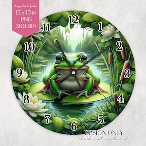 Frog Clock Face PNG Lily Pond Wall Clock Sublimation Design Cute Nature Printable Art 15x15in Round Digital File for DIY Clock Decor