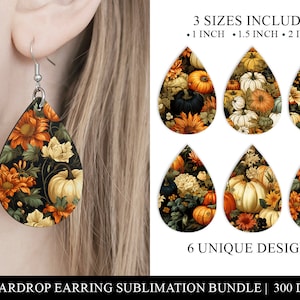 May include: A sublimation design bundle for teardrop earrings featuring six unique designs with fall-themed pumpkins, sunflowers, and leaves. The designs are available in three sizes: 1 inch, 1.5 inches, and 2 inches. The designs are 300 DPI.