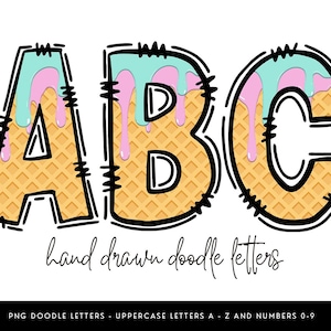 Alfabeto de helado con goteo PNG, fuente de cono de waffle PNG, letras de helado pastel, letras de garabatos de verano, alfabeto de imágenes prediseñadas de helado
