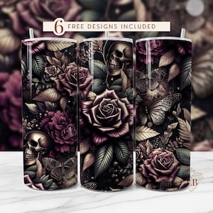 Skull Rose Tumbler Wrap, Gothic Floral Design, 20oz Skinny Tumbler PNG, Digital Download for Sublimation Art