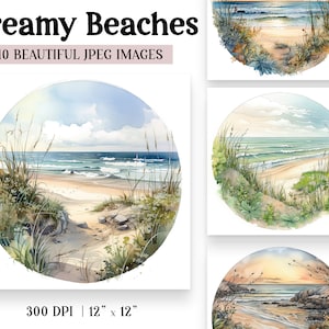 Beach Watercolor Clipart Bundle, 10 High Quality JPG Images, Ocean Landscape Sublimation Backgrounds, Seascape Commercial Use Papers