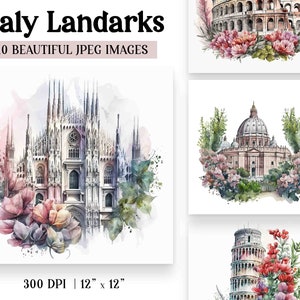 Watercolor Italy Landmarks Clipart, Italian Wall Art, Commercial Use JPG Images, Instant Download