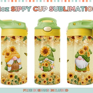 Sunflower Gnome Sippy Cup PNG: 12oz Tumbler Sublimation Design (Digital Download)