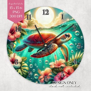 Könnte beinhalten: Runde Wanduhr mit einer Meeresschildkröte, die unter Wasser schwimmt, mit tropischen Blumen und Blasen. Das Zifferblatt misst 38 x 38 cm. Der Entwurf enthält den Text "DESIGN ONLY clock not included."