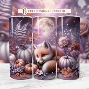 Fox and Pumpkin Tumbler Wrap – Fall Sublimation PNG with Cute Fox, Pastel Pumpkins and Autumn Florals for 20oz Skinny Tumbler
