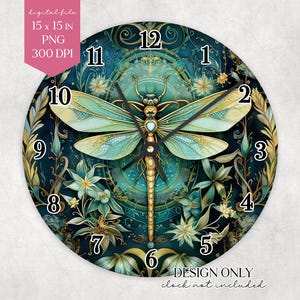 Puede incluir: Diseño de reloj de pared redondo con una ilustración de libélula en color turquesa y dorado. La esfera del reloj tiene un fondo azul oscuro con detalles florales y los números del 1 al 12. El texto "DESIGN ONLY clock not included" está en la parte inferior.