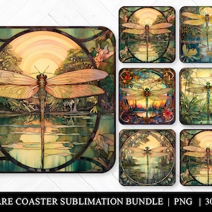 Stained Glass Dragonflies Square Coaster Bundle, Art Nouveau Sublimation Bundle, 6 Assorted Coaster Designs, Keychain PNG, Earring Clipart