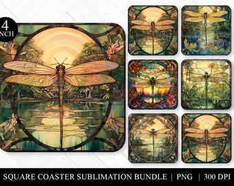 Stained Glass Dragonflies Square Coaster Bundle, Art Nouveau Sublimation Bundle, 6 Assorted Coaster Designs, Keychain PNG, Earring Clipart