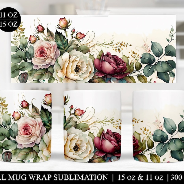 Rose Mug Png, Floral Coffee Mug Sublimation, Vintage Shabby Flower Border Mug Wrap, Mug Press Sublimation Design, Digital Download