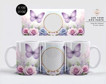 Plantilla para envolver tazas con diseño floral de mariposa: PNG de 11 oz y 15 oz (descarga digital)