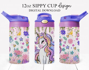 Rainbow Unicorn Sippy Cup 12oz Sublimation Design (PNG Digital Download)