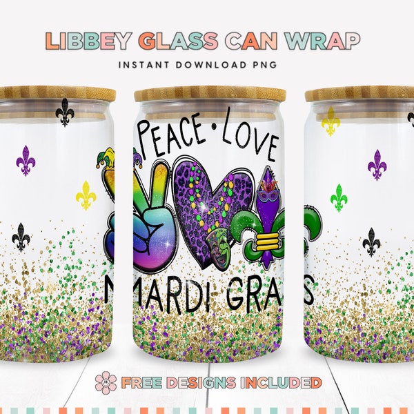 Mardi Gras 16 oz Libbey Glass Can Wrap, Paars Goud & Groen Glitter Glas Kan Sublimatie Wrap, Peace Love Mardi Gras Bier Kan PNG