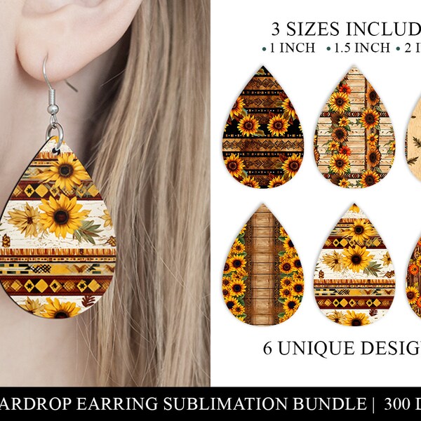 Rustic Country Sunflower Teardrop Earring Bundle - Western Sublimation Digital Download - Serape Pattern Jewelry