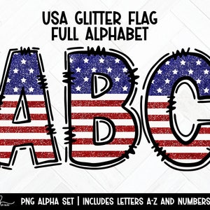 Glitter American Flag Doodle Letters, Independence Day Hand Drawn Letters, Commercial Use, Patriotic Doodle Alpha Font, USA Alpha Font