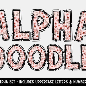 Letras de Doodle de amor retrô, XOXOX Doodle desenhado à mão Alpha, Boho Valentines Patterned Alphabet & Numbers Sublimation Alpha Font PNG Set