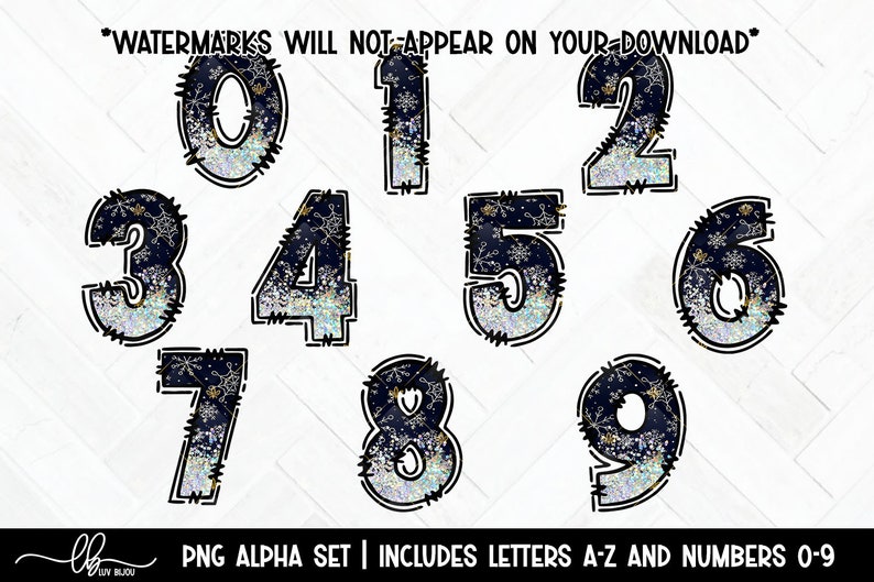 Numbers Look Letters Glitter Snowflake Doodle Letters & Numbers: Winter Font Clipart (PNG ...