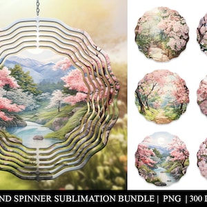 Cherry Blossom Wind Spinner Sublimation Bundle - 6 Watercolor Sakura Digital Download PNG Designs