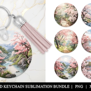 May include: A set of six round sublimation keychains featuring a watercolor painting of a Japanese garden with cherry blossoms. The keychains are perfect for adding a touch of nature to your keys or bag.