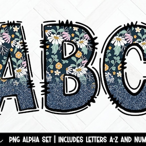 Letras Floral Doodle Png, Letras Desenhadas à Mão, Boho Flowers Doodle Alphabet Maiúsculas E Números Png, Alfabeto De Sublimação, Alpha Pack