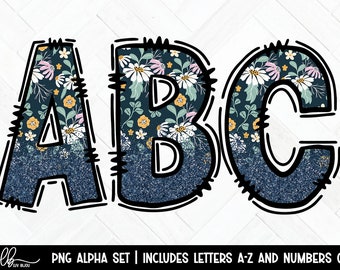 Floral Doodle Letters Png, Hand Drawn Letters, Boho Flowers Doodle Alphabet Uppercase And Numbers Png, Sublimation Alphabet, Alpha Pack