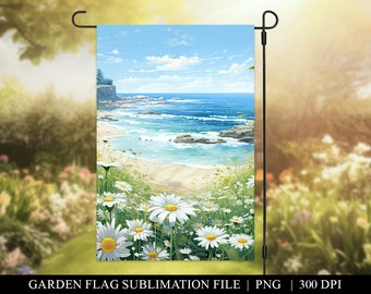 Beach Sublimation PNG for Garden Flags, Coastal Watercolor Design, Sand and Daisies, Digital Download