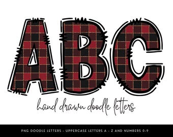 May include: The letters "ABC" are displayed in a bold, outlined font with a red, black, and gold plaid pattern. The words "hand drawn doodle letters" are written in a cursive font below the letters. The image is on a white background.