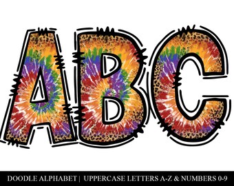 May include: A colorful tie-dye pattern is used to create the letters A, B, and C. The letters are outlined in black and have a stitched look. The background is white.