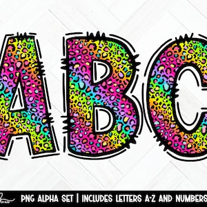 Rainbow Leopard Doodle Letters, Sublimation Colorful Gradient Cheetah Print Hand Drawn Alphabet Pack, Uppercase A-Z Leopard Print PNGs