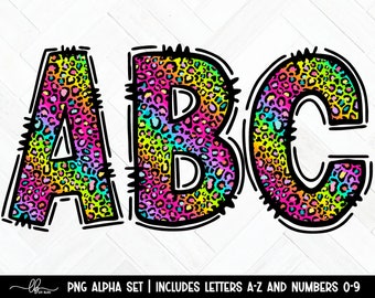 Rainbow Leopard Print Doodle Letters: A-Z PNG Alphabet (Digital Download)