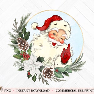 Santa Png, Santa Wreath Clipart, Retro Santa Clip Art, Vintage Santa Design, Cute Christmas Png, Holiday Sublimation Transfer File