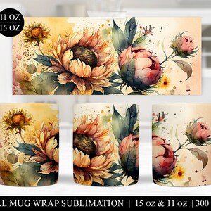 K&ouml;nnte beinhalten: Sublimationsdesign f&uuml;r eine 11 oz oder 15 oz Tasse mit einer Aquarellmalerei von Sonnenblumen und rosa Bl&uuml;ten mit gr&uuml;nen Bl&auml;ttern auf beigefarbenem Hintergrund. Das Design enth&auml;lt den Text "11 OZ" und "15 OZ". Der Text "FULL MUG WRAP SUBLIMATION | 15 oz & 11 oz | 300 DPI" befindet sich am unteren Rand des Bildes.