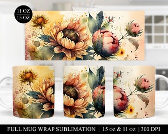 Floral Mug Sublimation Wrap: Sunflower Coffee Mug Design (Digital Download)