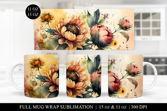 Floral Mug Sublimation Wrap: Sunflower Coffee Mug Design (Digital Download)