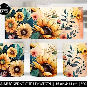 Sonnenblume Sublimationsbecher Vollverpackungsvorlage, Sublimationsdesigns für Tassen, Kaffeetassensublimation, Blumentasse digitaler Download