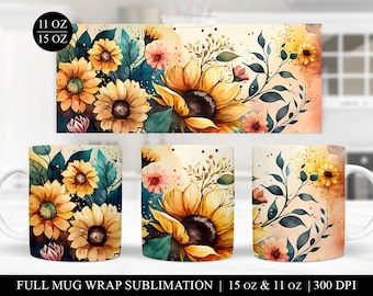 Sunflower Mug Sublimation Template: Floral Coffee Cup Design (Digital Download)