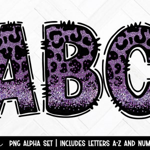 May include: Purple glitter letters A, B, and C with a black leopard print pattern. The letters are outlined in black and have a jagged edge.