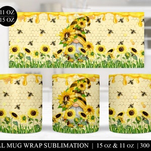 Sunflower Gnome Mug Sublimation PNG, 11oz & 150z Mug Sublimation Templates, Mug Press Design, Bee Honeycomb Coffee Mug Digital Design