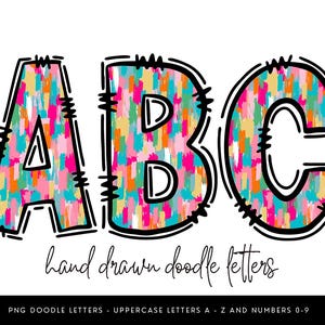 Rainbow Brush Stroke Alphabet PNG: Colorful Doodle Font, Sublimation Graphics (A-Z, 0-9 Digital Download)