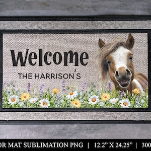 Cute Funny Horse Welcome Door Mat - Floral Sublimation Design - Personalized Front Door Rug PNG - Family Name Sublimation Floor Mat