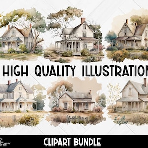 Watercolor Farmhouse Clipart, Rustic Country Home Clipart, House Clipart, Farmers House Clipart, Cottagecore Illustrations